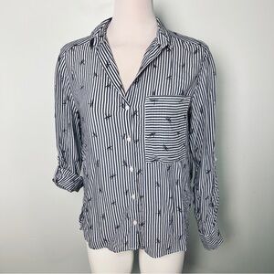 Next Blue & White Stripe Dragonfly Print Button Front Shirt -Women's Size Medium